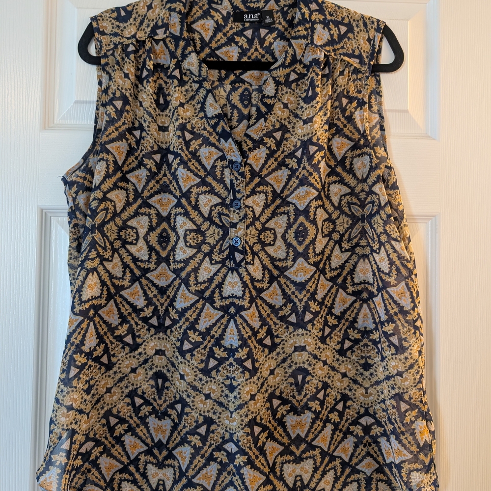 a.n.a Navy Blue  and Tan Boho Sleeveless Blouse XL